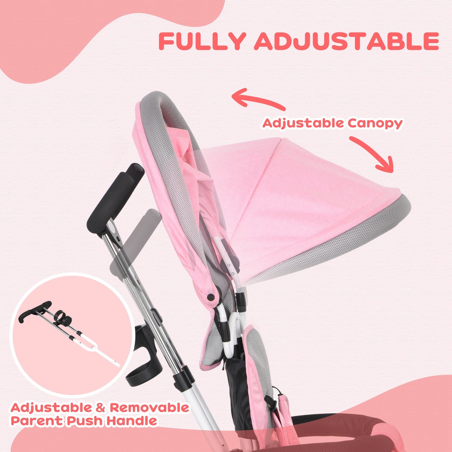 Pink Kids Trike 4 in 1 Push Bike with Push Handle, Canopy, 5-point Safety Belt, Storage, Footrest, Brake, for 1-5 Years by HOMCOM-3