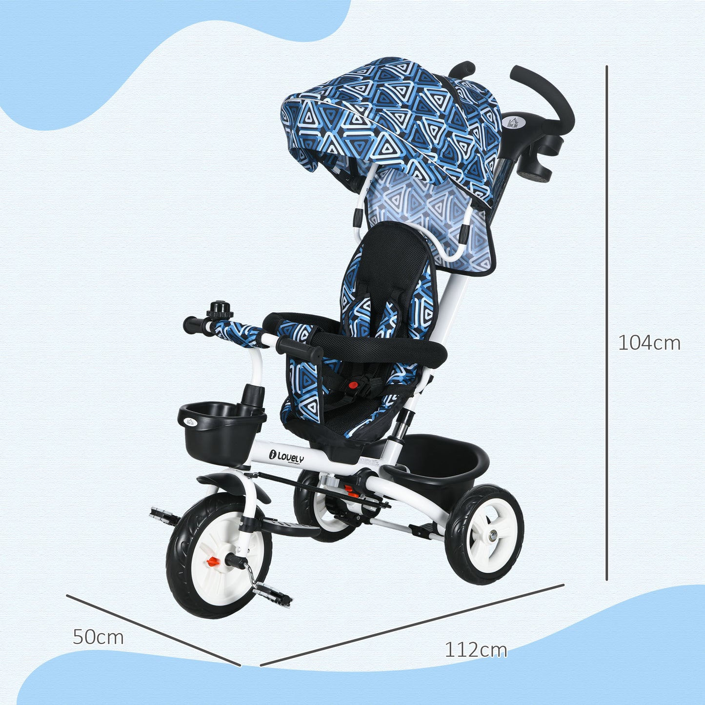 Metal Frame 4 in 1 Baby Push Tricycle with Parent Handle for 1-5 Years Old in Light Blue | HOMCOM-1