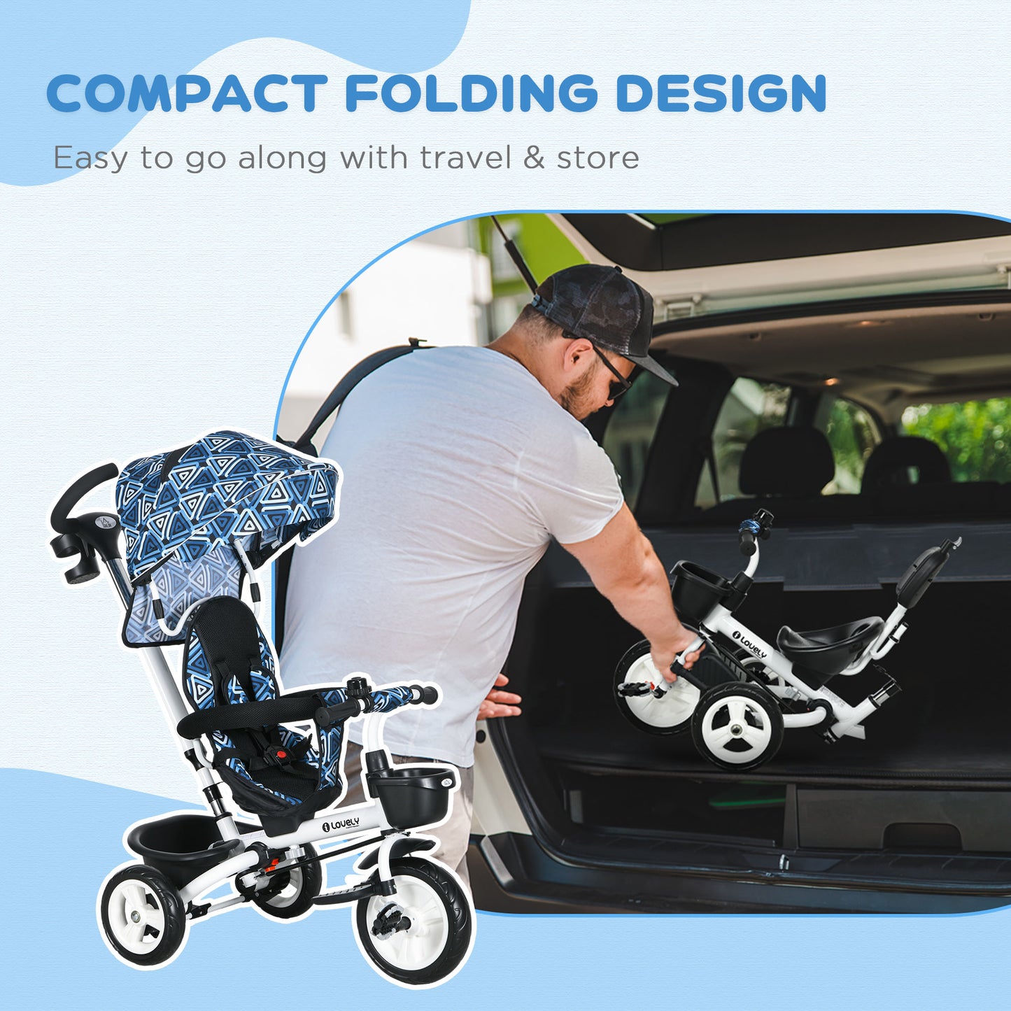 Metal Frame 4 in 1 Baby Push Tricycle with Parent Handle for 1-5 Years Old in Light Blue | HOMCOM-3
