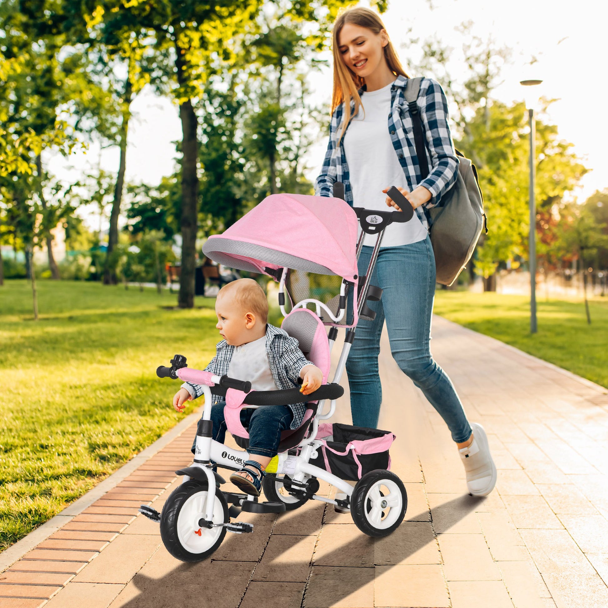 Pink Kids Trike 4 in 1 Push Bike with Push Handle, Canopy, 5-point Safety Belt, Storage, Footrest, Brake, for 1-5 Years by HOMCOM-8