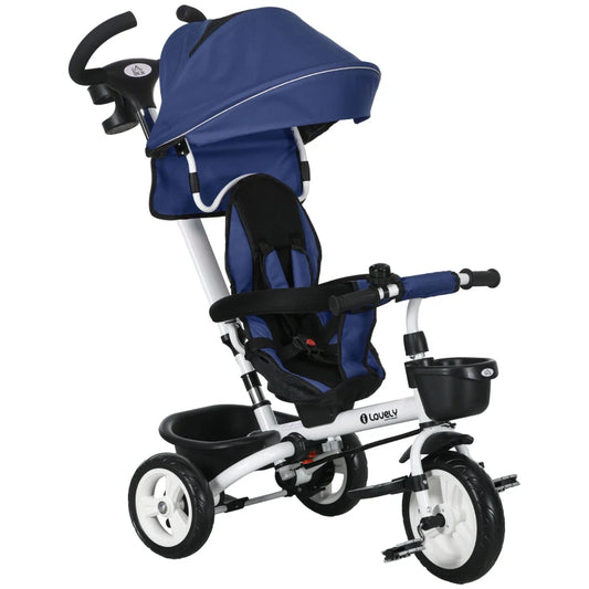 Metal Frame 4 in 1 Baby Push Tricycle with Parent Handle for 1-5 Years Old in Dark Blue | HOMCOM-0