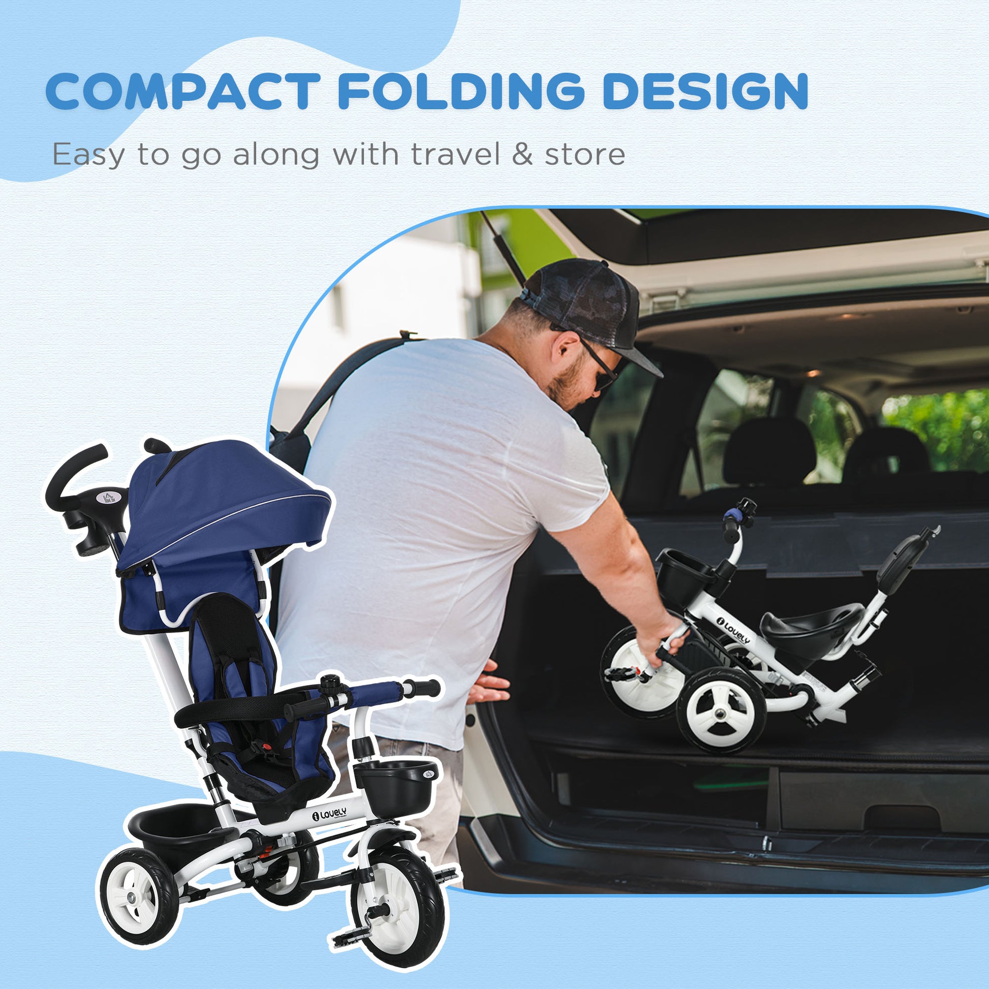 Metal Frame 4 in 1 Baby Push Tricycle with Parent Handle for 1-5 Years Old in Dark Blue | HOMCOM-3