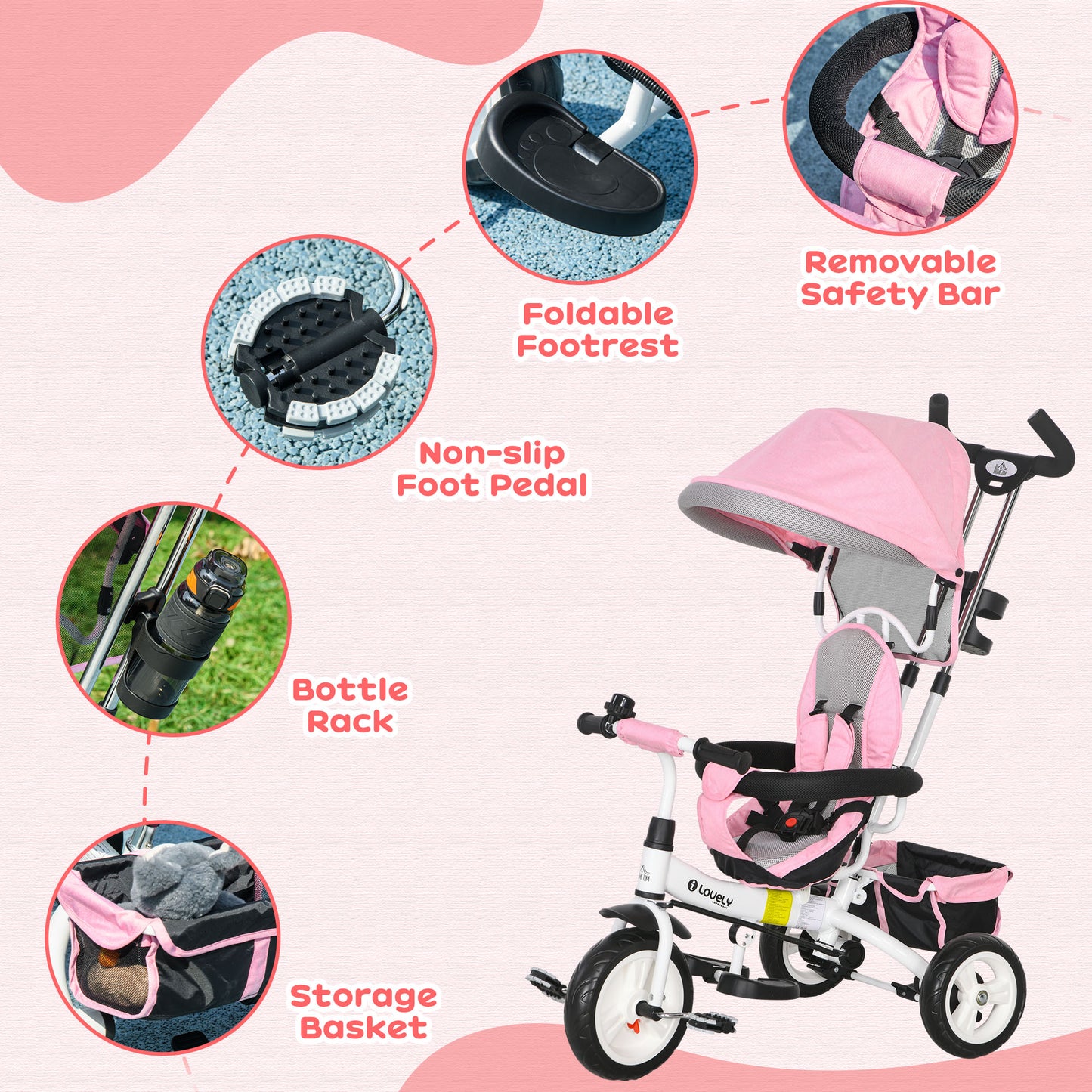 Pink Kids Trike 4 in 1 Push Bike with Push Handle, Canopy, 5-point Safety Belt, Storage, Footrest, Brake, for 1-5 Years by HOMCOM-4