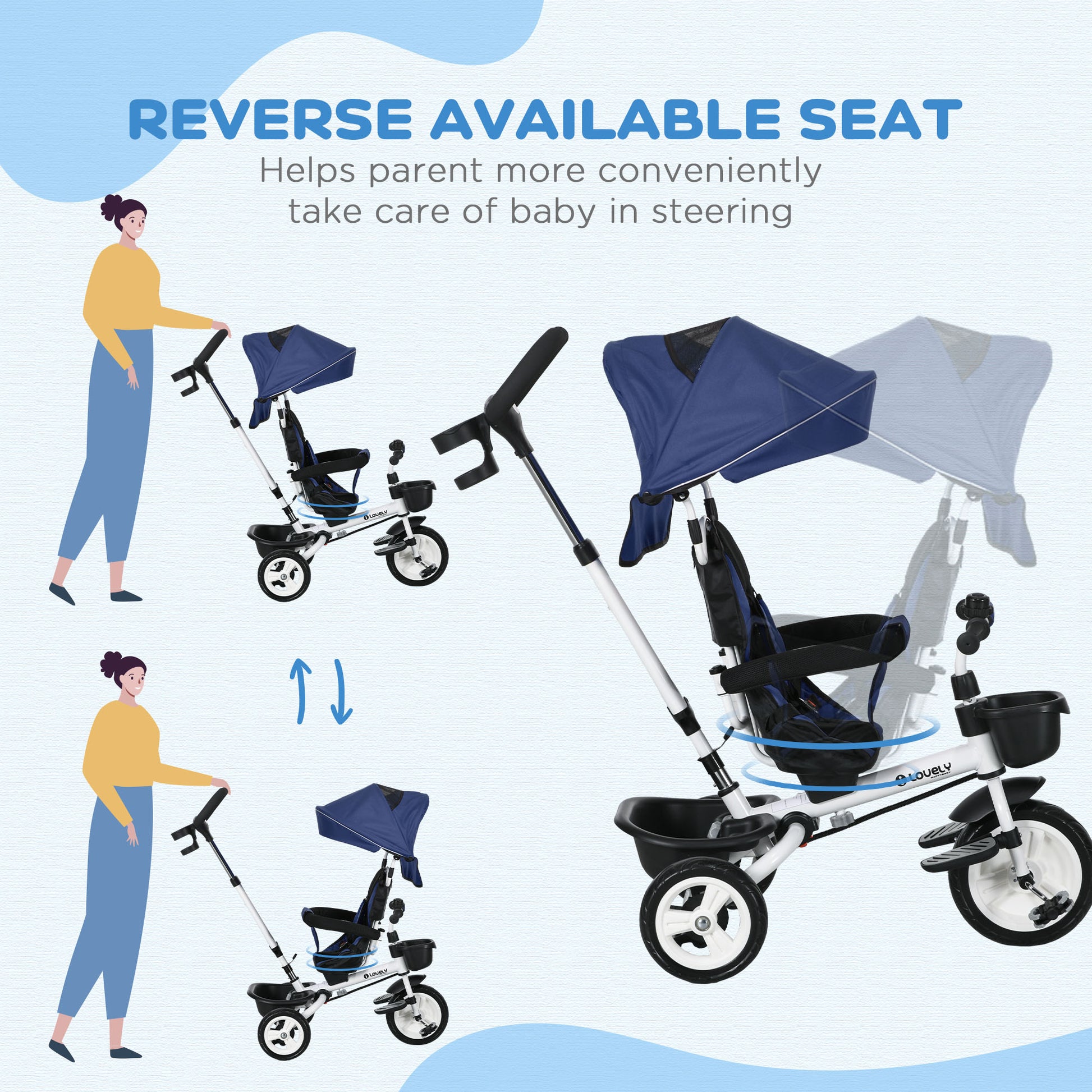 Metal Frame 4 in 1 Baby Push Tricycle with Parent Handle for 1-5 Years Old in Dark Blue | HOMCOM-4