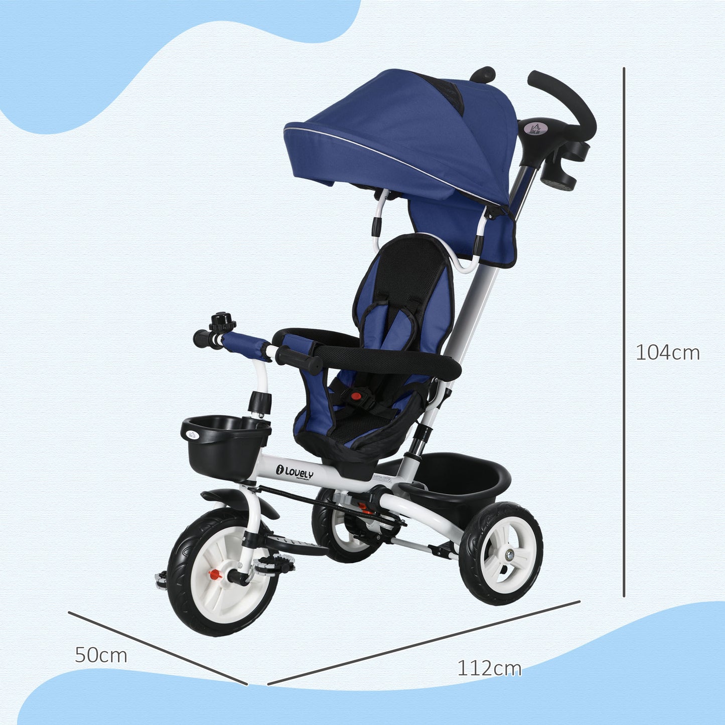 Metal Frame 4 in 1 Baby Push Tricycle with Parent Handle for 1-5 Years Old in Dark Blue | HOMCOM-1