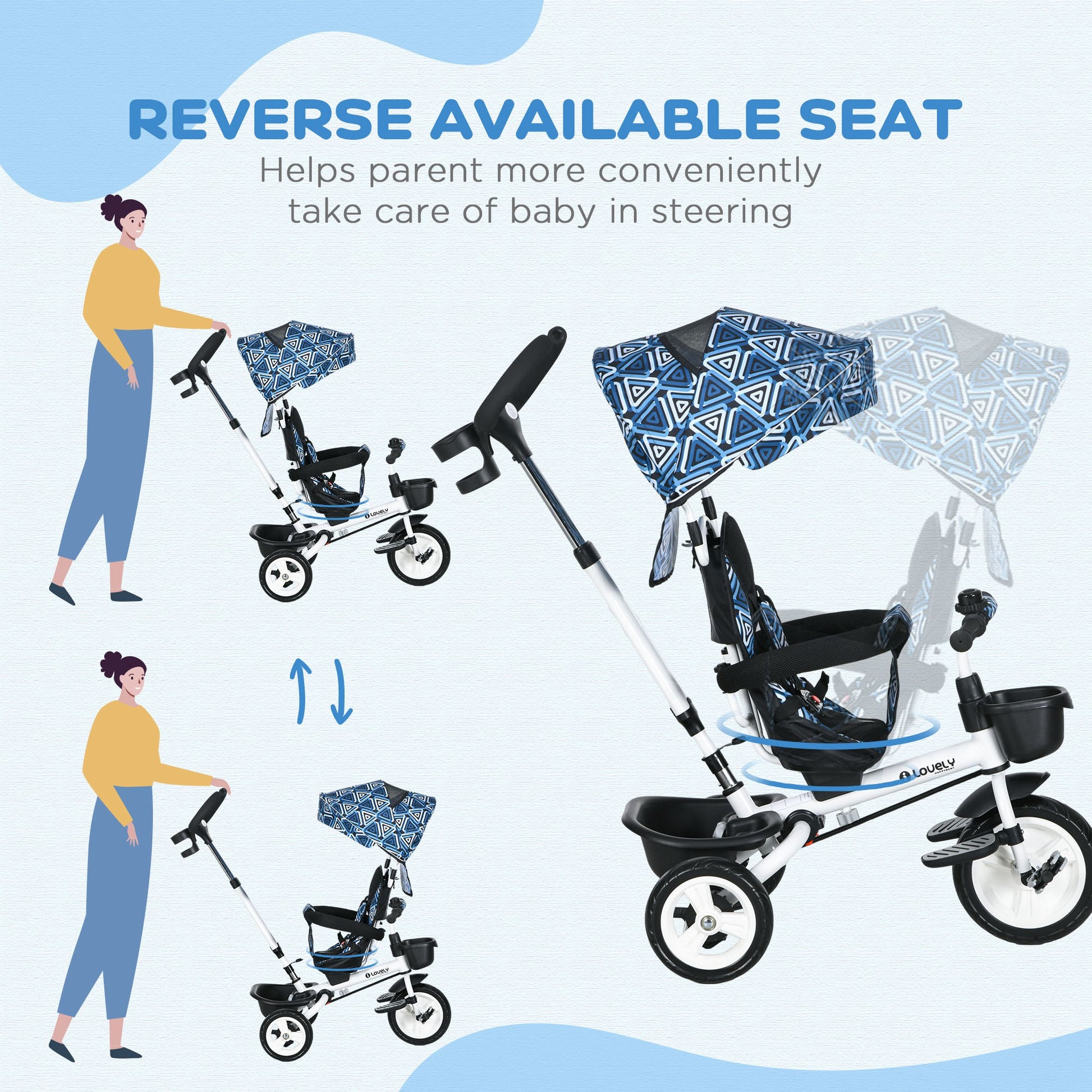 Metal Frame 4 in 1 Baby Push Tricycle with Parent Handle for 1-5 Years Old in Light Blue | HOMCOM-4