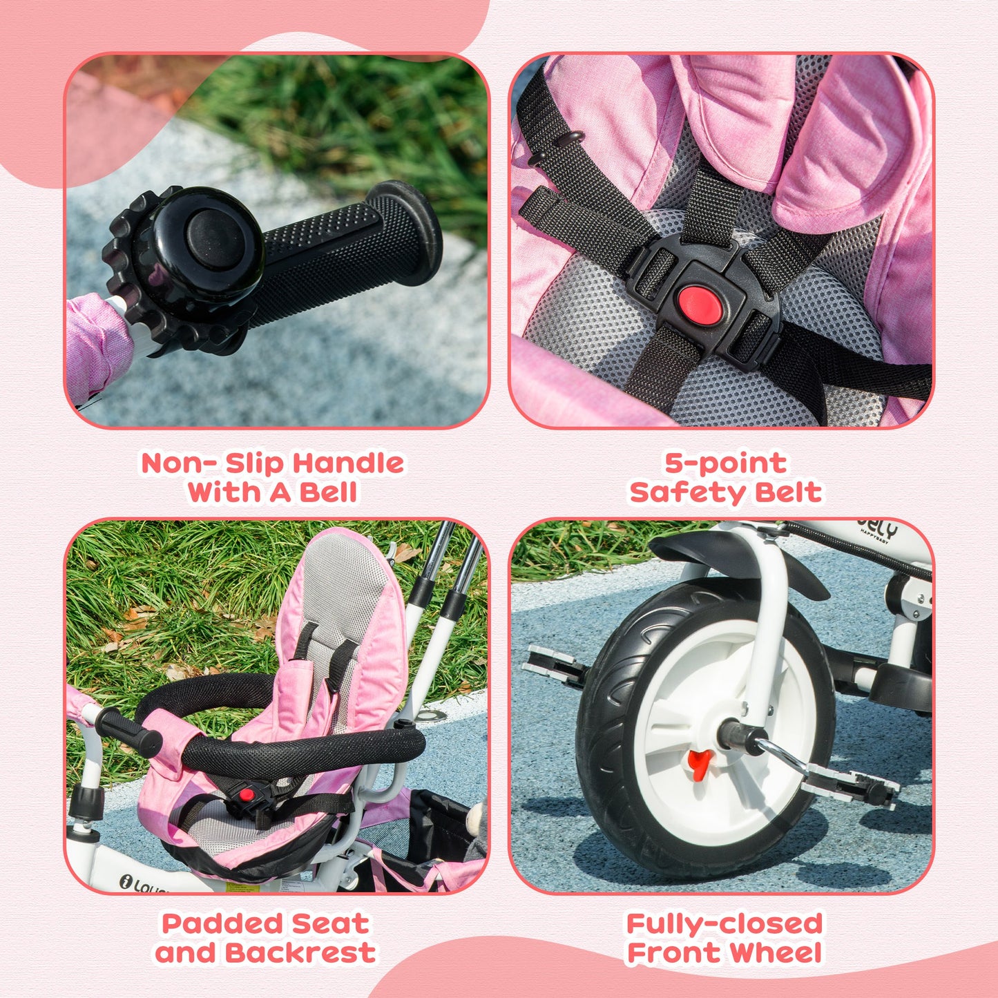 Pink Kids Trike 4 in 1 Push Bike with Push Handle, Canopy, 5-point Safety Belt, Storage, Footrest, Brake, for 1-5 Years by HOMCOM-5