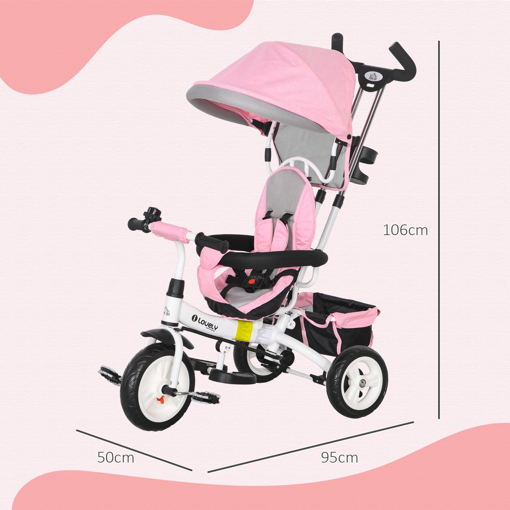 Pink Kids Trike 4 in 1 Push Bike with Push Handle, Canopy, 5-point Safety Belt, Storage, Footrest, Brake, for 1-5 Years by HOMCOM-1