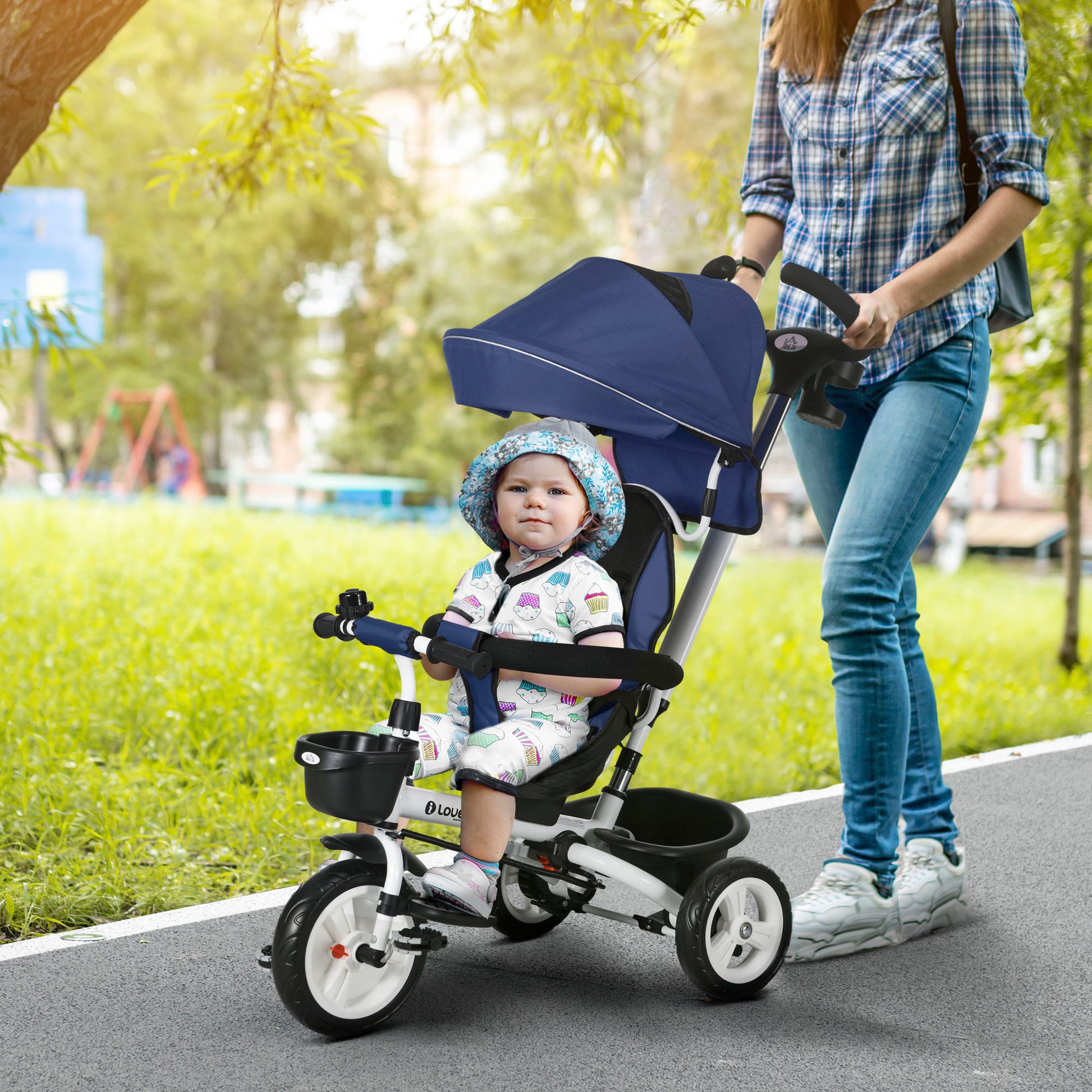 Metal Frame 4 in 1 Baby Push Tricycle with Parent Handle for 1-5 Years Old in Dark Blue | HOMCOM-8